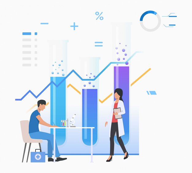 Chemist and assistant working in lab against tubes and charts