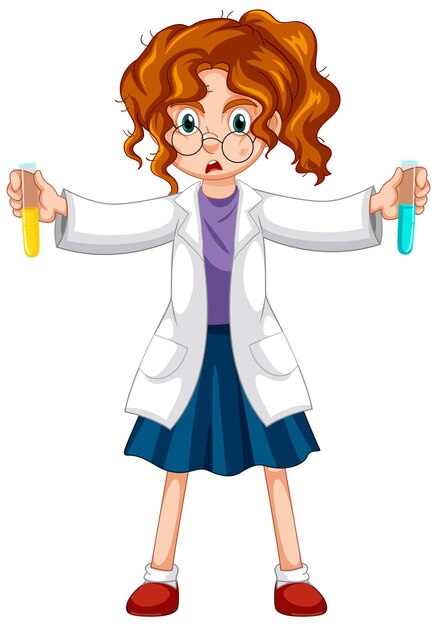 A chemist holding beaker and test tube on white background