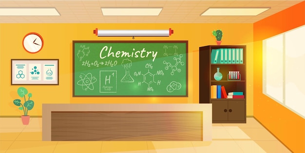 Free vector chemistry class interior design modern room with green blackboard screen bookcase with books and binders desk board with information windows