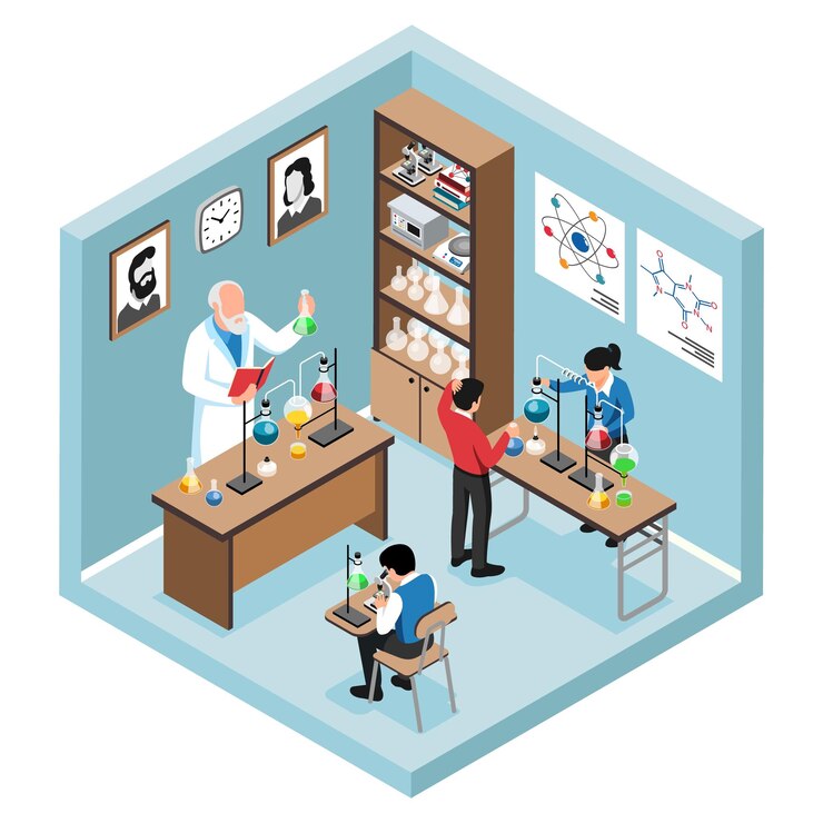 Free Vector chemistry classroom interior isometric object with teacher and pupils conducting experiments isolated on white background vector illustration