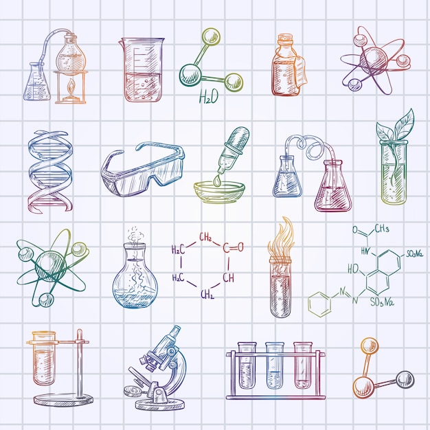 Free vector chemistry sketch icons set on checked exercise book background