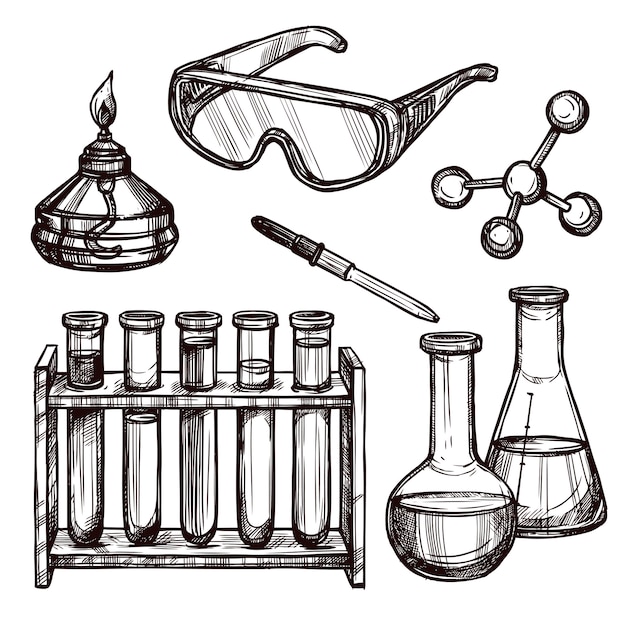 Set disegnato a mano di strumenti di chimica