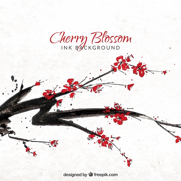 Vettore gratuito sfondo di fiori di ciliegio con tratto di inchiostro