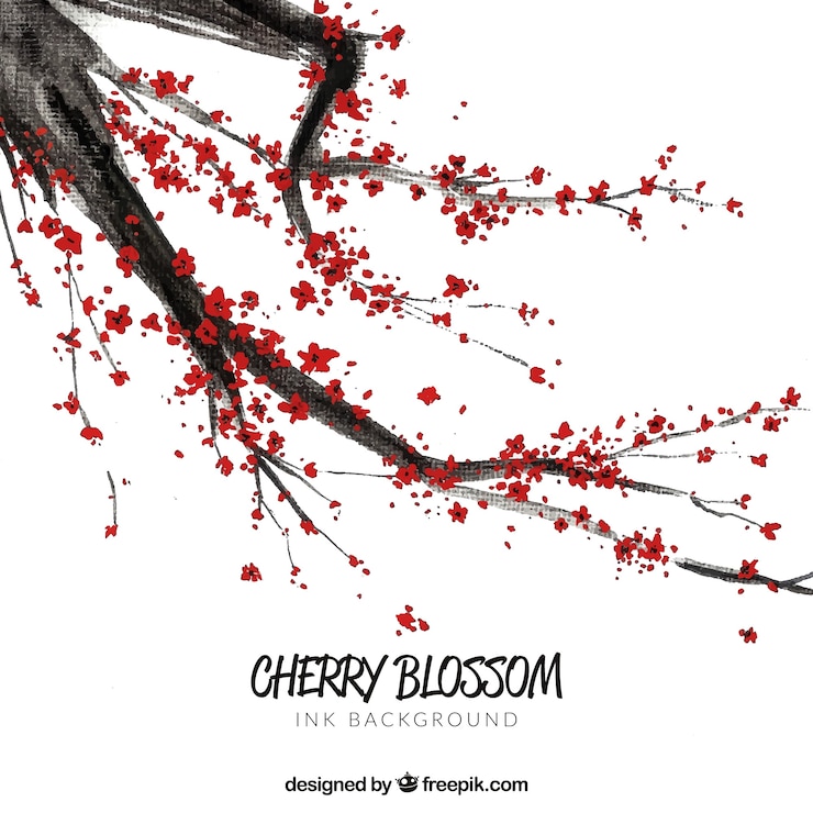 Free Vector cherry blossom background with ink stroke