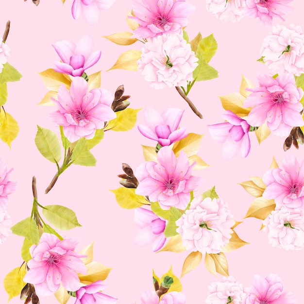 Free vector cherry blossom floral summer and spring seamless pattern