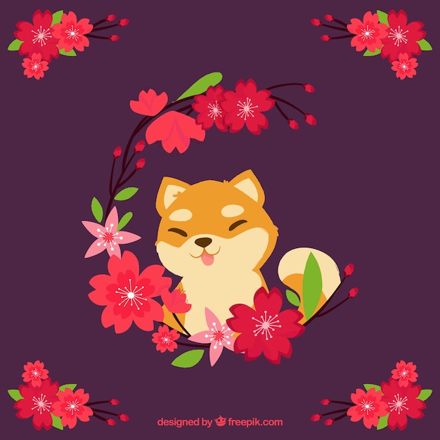 Cherry blossom with cute fox  background in flat style