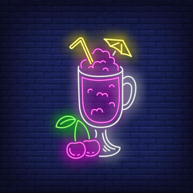 Free vector cherry cocktail in glass neon sign.