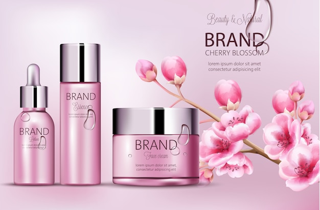 Cherry pink cosmetics brand. Set of bottles with essence, face cream, lotion. Product placement. Cherry blossom. Covered in dew. Place for brand. Realistic s