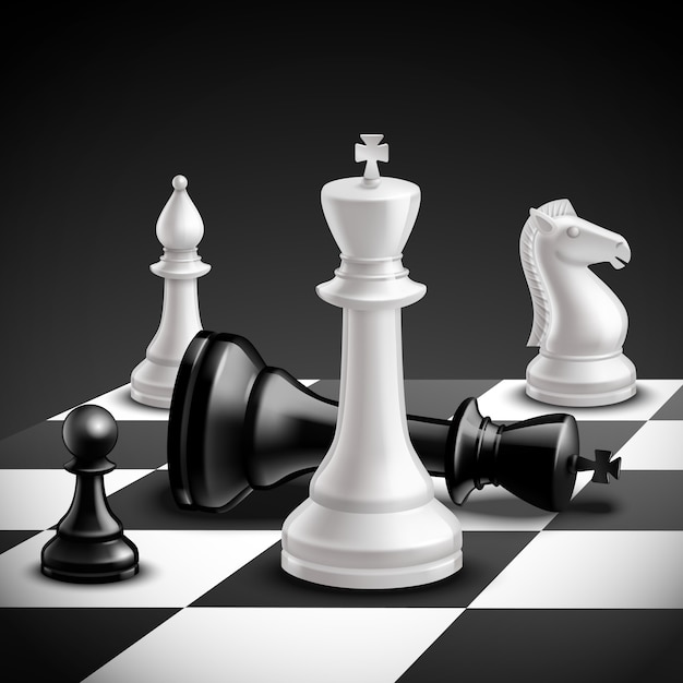 Концепция игры в шахматы с реалистичной доской и черно-белыми фигурами