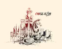 Vettore gratuito gli scacchi sono la vita con l'illustrazione di vettore di schizzo disegnato a mano della città urbana