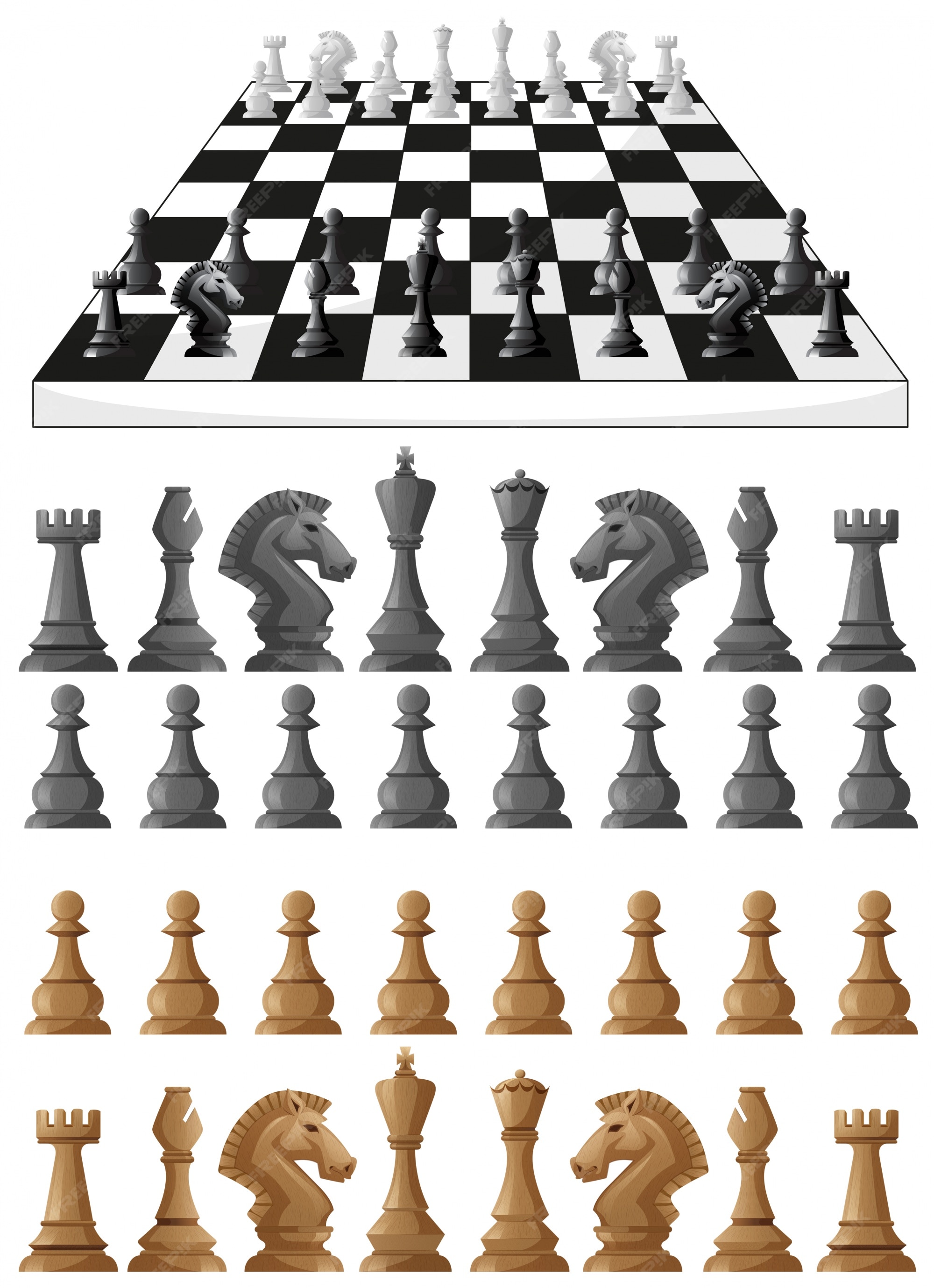 Free Vector, Chessboard and different chess pieces illustration