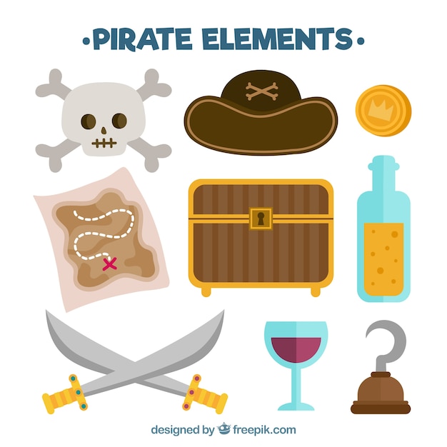 Free vector chest with map and elements of pirates in flat design