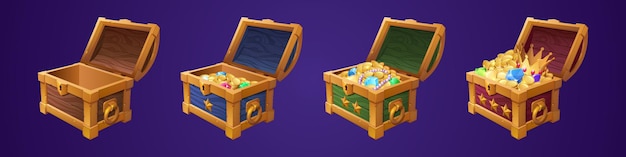 Free vector chests with treasure empty and full wooden trunks