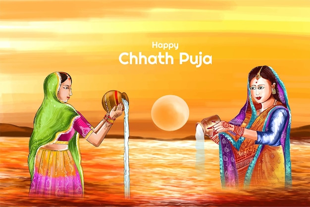 Free vector chhath pooja to sun god in traditional festival landscape card background