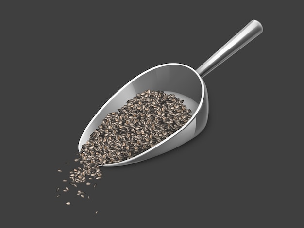 Chia seeds spill out of metal scoop. super food