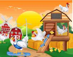 Free vector chicken coop with chickens in the farm