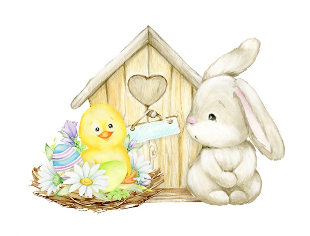 Premium Vector | Chicken, easter eggs, nest, daisies, bird house, rabbit. a  child's picture . watercolor clipart for the easter holiday.