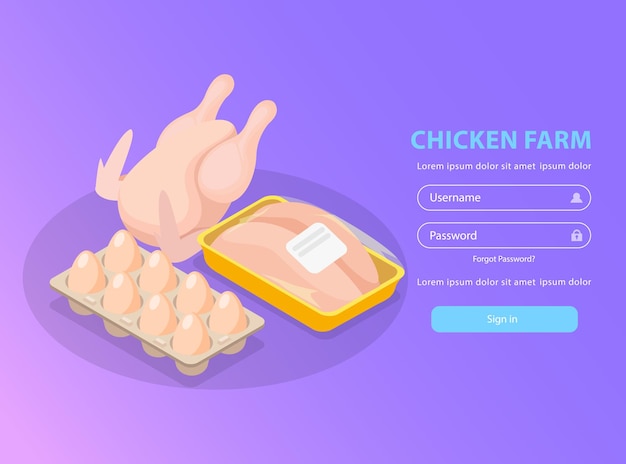 Изометрическая страница входа на птицеферму с формой и бройлерными яйцами и филе