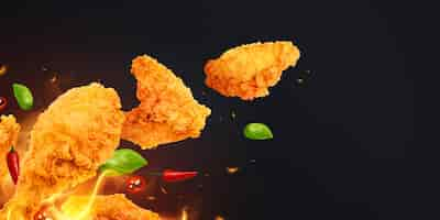 Free vector chicken fast food realistic composition with black background flames of fire pepper leaves and chicken wings vector illustration