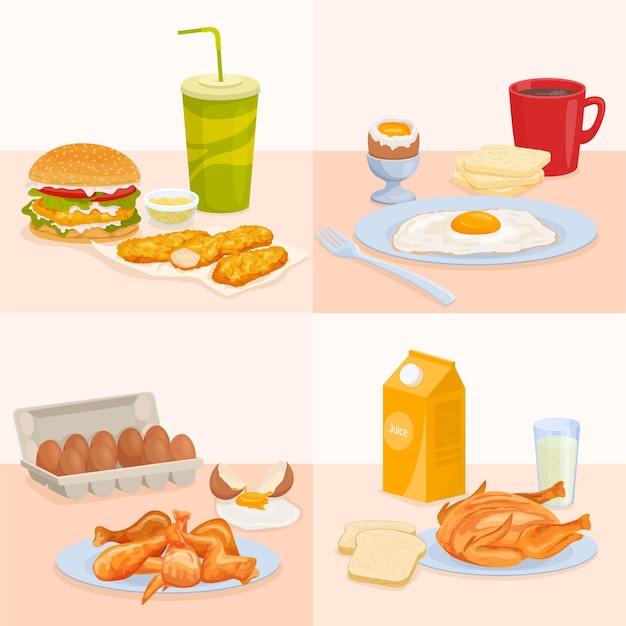 Free vector chicken products flat set of square compositions with served food made with poultry eggs and fastfood vector illustration