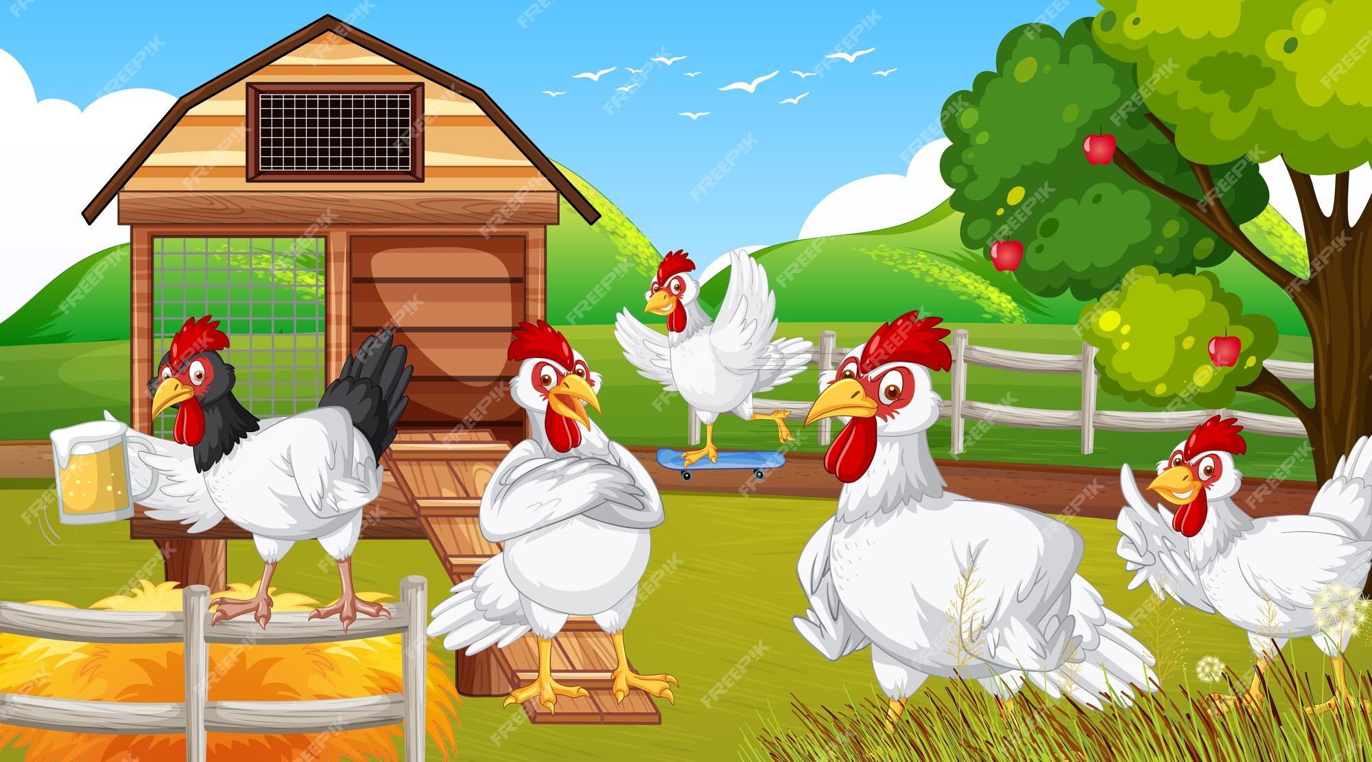 Free Vector | Chickens cartoon characters in nature farm scene