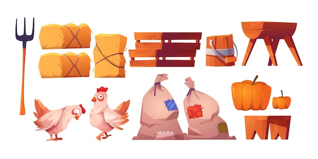 Free vector chickens, straw, bags with harvest and fork