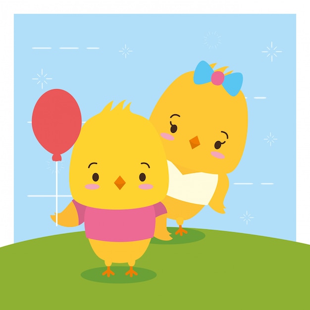 Chicks couple, Cute animals, flat and cartoon style, illustration