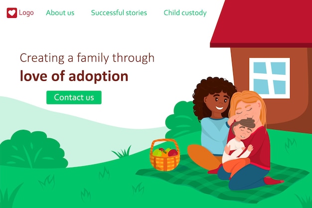Child adoption service landing page template in flat style homosexual international family