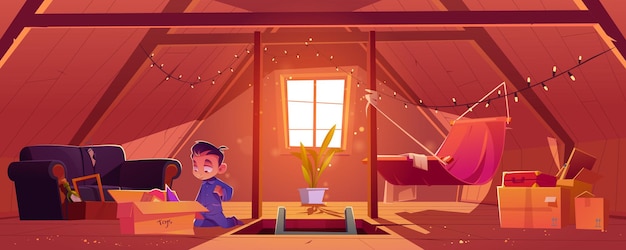 Free vector child on attic little boy found old toys in box