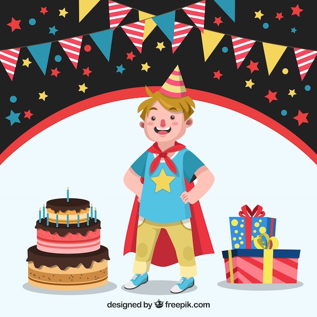 Vettore gratuito sfondo del bambino con capo di supereroe e torta di compleanno
