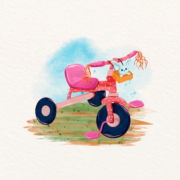 Child-like watercolor pink tricycle