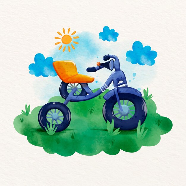 Child-like watercolor tricycle outdoors