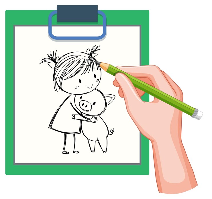 Free Vector child and piglet doodle on clipboard