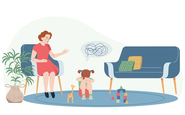Бесплатное векторное изображение Плоская концепция детского психолога с женщиной, играющей с векторной иллюстрацией девочки-малыша
