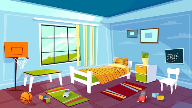 Free vector child room of kid boy bedroom interior background.