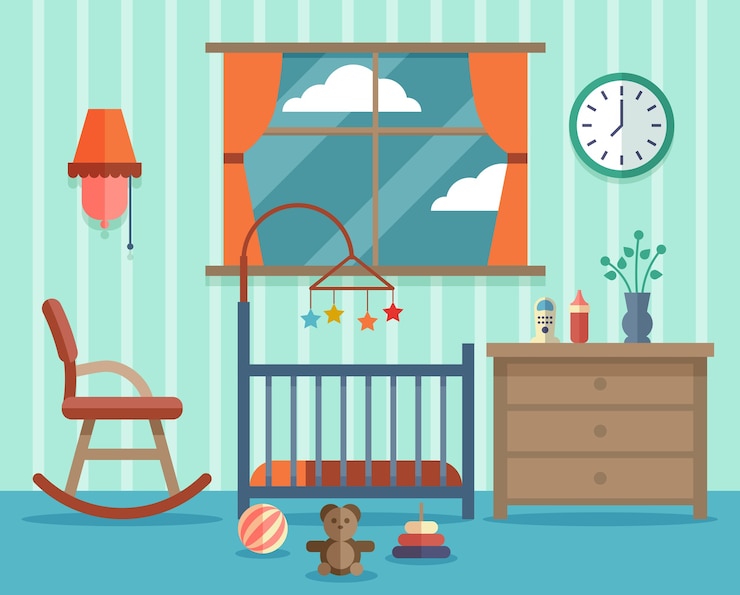 मुफ़्त वेक्टर child room for the newborn baby. rocking chair, design childhood.