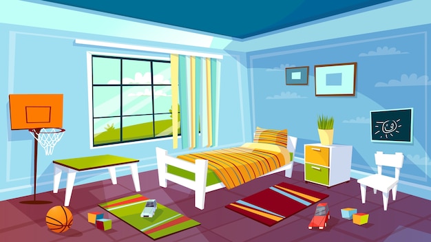 Бесплатное векторное изображение Детская комната ребенка мальчика спальня интерьер фона.