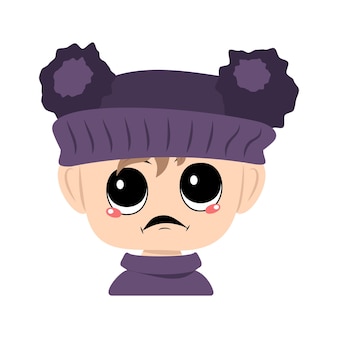 Child with big eyes and angry emotions grumpy face furious eyes in violet hat with pom pom head of t...