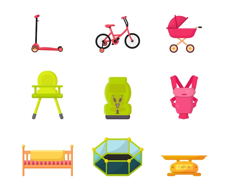 मुफ़्त वेक्टर childhood supply illustrations set pram scooter and bicycle with side wheels childcare parenting accessories pack feeding chair car seat baby carrier