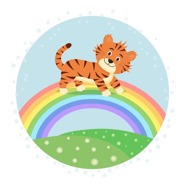 Childish card or poster with a cute tiger walking on the rainbow nursery print