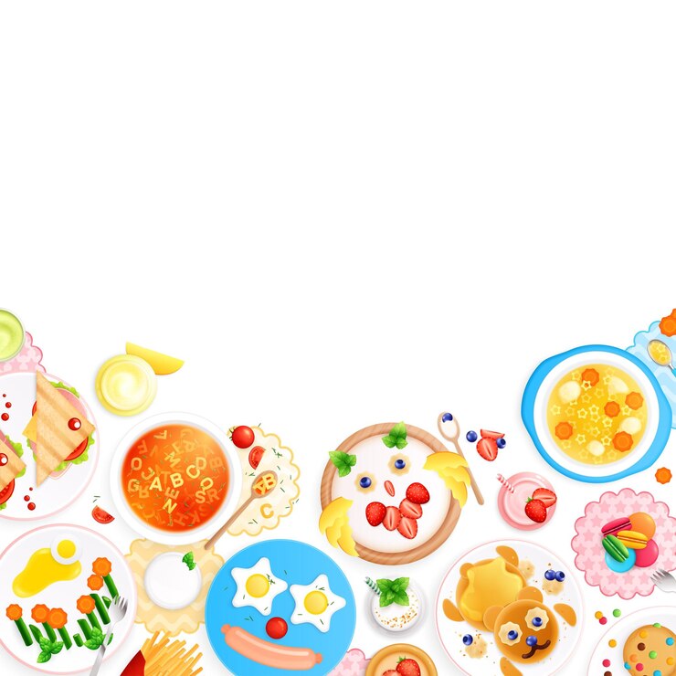 無料Vector 幼稚な料理食品デザイン フラット コンポジション面白い上から見ると空白の背景ベクトル図に食事の提供