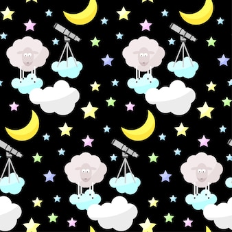 幼稚な​おやすみ​明るい​面白い​ベクトルシームレスパターン​背景​。​漫画​の​月​、​雲​、​星​、​羊​。