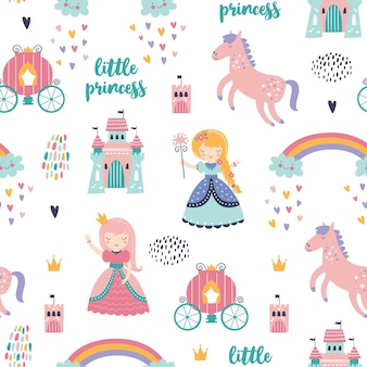 Childish seamless pattern with princess, castle, carriage in scandinavian style.