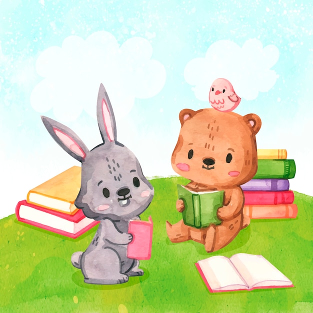 Childlike animals reading illustration