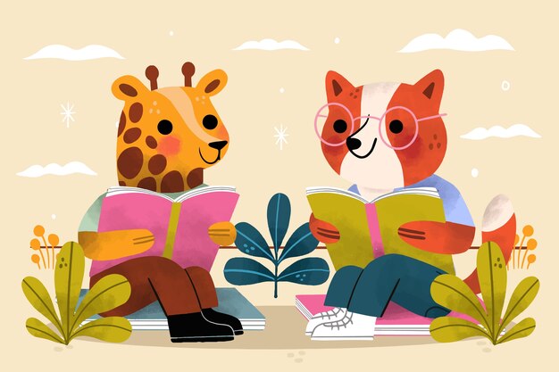 Childlike animals reading illustration