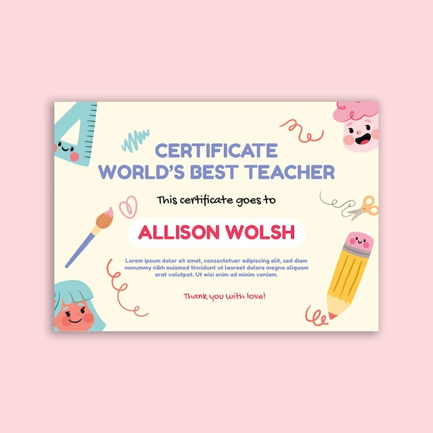 Бесплатное векторное изображение Сертификат на звание лучшего учителя по-детски