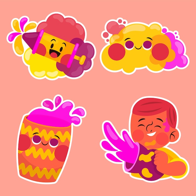 Free vector childlike holi festival stickers collection