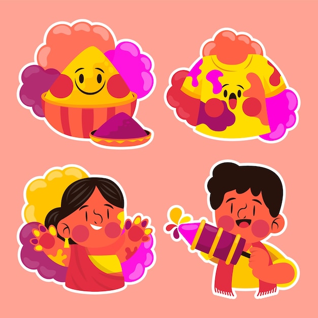 Free vector childlike holi festival stickers collection