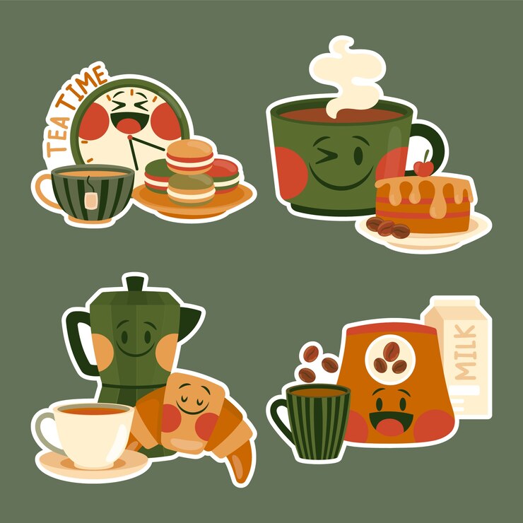 Free Vector childlike tea and coffee stickers collection