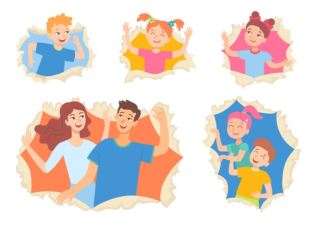 Children and adults peeking out of hole in wall set. vector illustrations of friends looking through torn paper. cartoon happy people in frame isolated on white. celebration, surprise concept